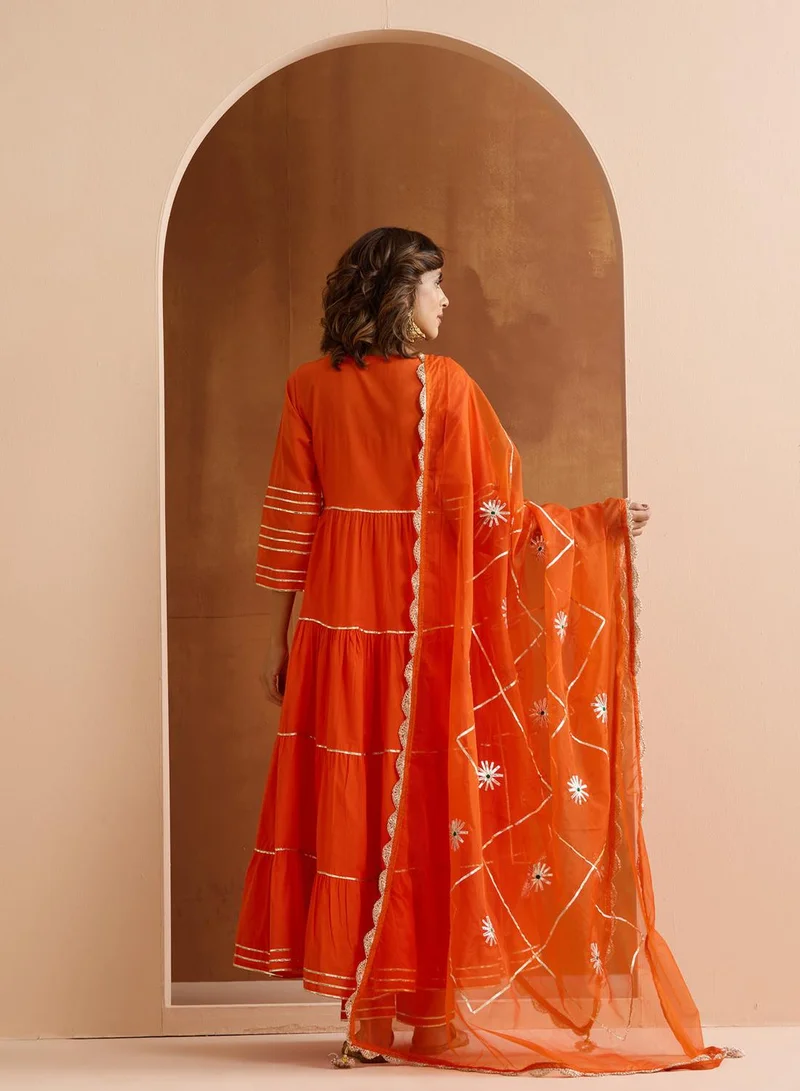 ISHIN  Women's Orange 100% Cotton Embroidered Tunic Full Length Casual Straight Fit Kurta Set for Women | Best Price UAE